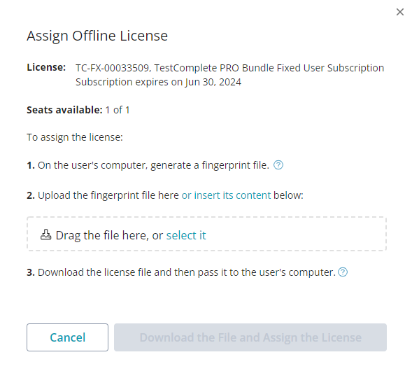 The Assign Offline License dialog The Assign Offline License dialog