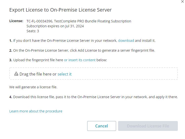 The Export License dialog The Export License dialog