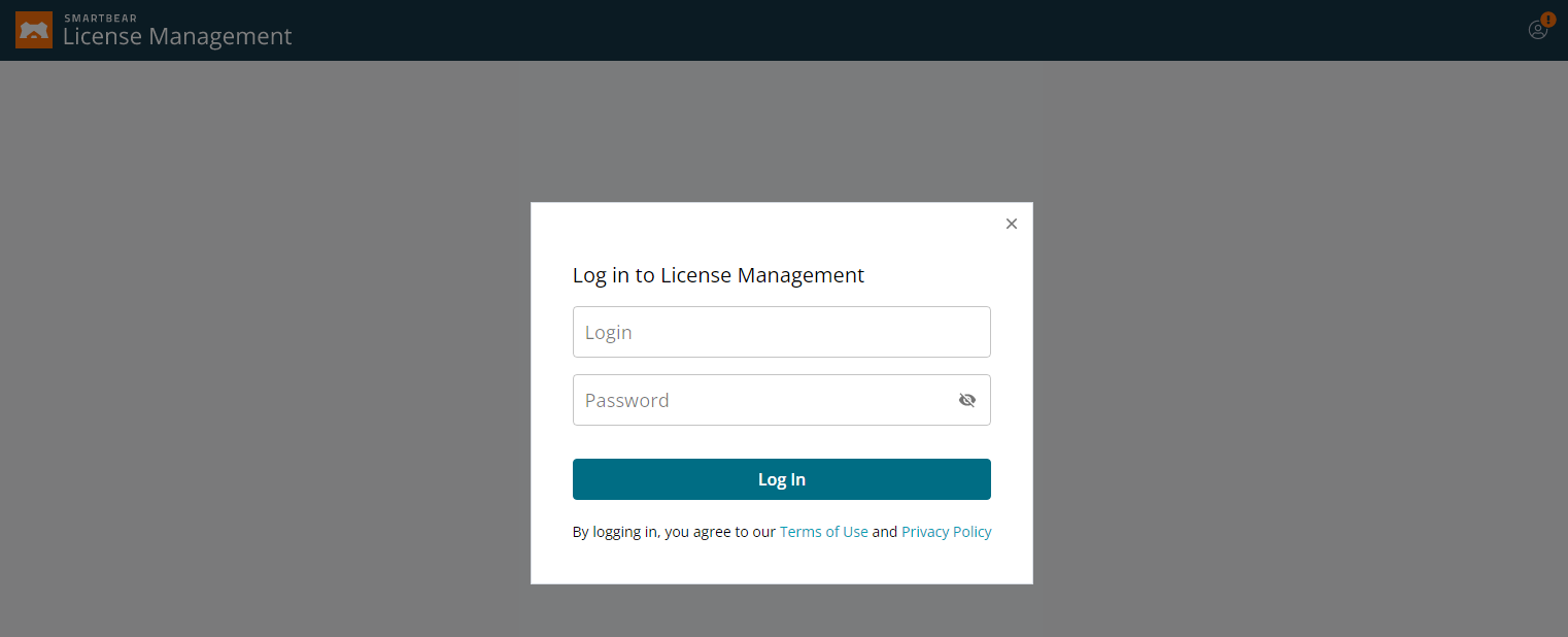 SmartBear License Management login screen SmartBear License Management login screen