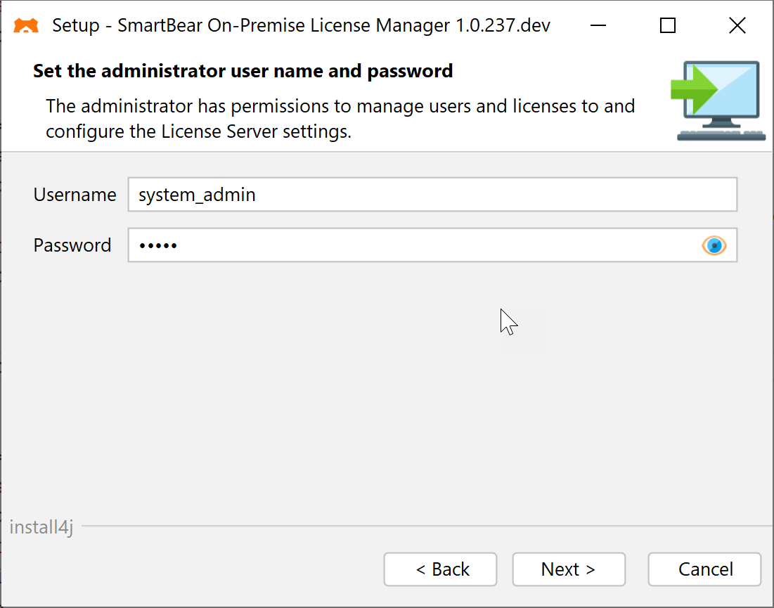 On-Premise License Server - Enter administrator credentials On-Premise License Server - Enter administrator credentials